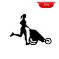 Running girl with stroller, fitness, vector illustration, icon