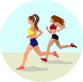 Girls are running together. Sport outfit, sneakers and long hair. Running is good for your health.