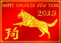 Running gold dog on red background