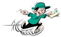 Running happy boy with green hat and t-shirt and blue trousers cartoon character speedy courier Royalty Free Stock Photo