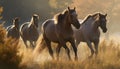 Running herd of bay horses grazing in tranquil meadow generated by AI