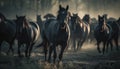 Running herd of horses graze in tranquil meadow at sunset generated by AI