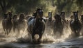 Running herd of horses splashing through water generated by AI