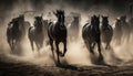 Running herd of majestic stallions at sunset generated by AI