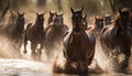 Running herd of stallions amid green meadow generated by AI