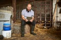 Running his dairy farm online. Full length shot of a male farmer using a tablet while sitting in a barn on his dairy Royalty Free Stock Photo