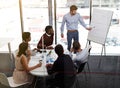 Running his team through the plan. a businessman giving a whiteboard presentation to a group of colleagues in a Royalty Free Stock Photo