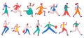 Running hurrying people. Jogging adult characters and kids, hurrying business people vector illustration set. Hurry