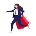 Running business woman in superhero cape cartoon vector illustration isolated.