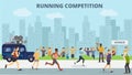 Running jogging marathons competitions race vector illustration. Sport runners group men and women in motion. Running