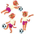 Three cougar girls as the footballers in uniform in dynamic poses with the soccer ball