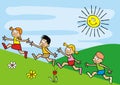 Running kids, races in the field, funny postcard