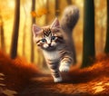 Running Kitten in Woods, Generative AI Illustration Royalty Free Stock Photo