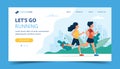 Running landing page template. Man and woman running in the park. Illustration for marathon, city run, training, cardio