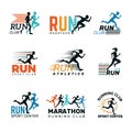Running logo. Marathon club badges sport symbols shoe and legs jumping running people vector collection Royalty Free Stock Photo