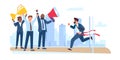 Running man crosses finish line. Business competition. Entrepreneurs leadership. Employees achievement. Worker sprinting Royalty Free Stock Photo