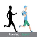 Running man and his silhouette. Active people, fitness, sports movement. Side view. Vector in flat design