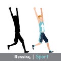 Running man and his silhouette. Active people, fitness, sports movement. Side view. Vector in flat design