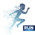 Running Man Silhouette Vector. Grunge Halftone Dots. Dynamic Athlete In Action. Flying Dotted Particles. Sport Banner