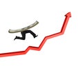 Running money with human legs on red arrow up graph