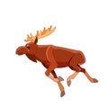 Running moose on a white isolated background. Horned Brown Elk as Herbivore Forest Animal Flat style vector Illustration