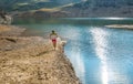 Running near mountain lake