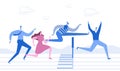 Running with obstacles. Business concept. Young people run to the distillation, jump over hurdles. Flat style. Vector.