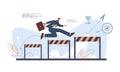 Running with obstacles to goal. Businessman jump over hurdles, run to success. Office worker overcoming barriers