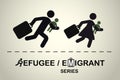 Running people with children and suitcases. Emigrant / refugee series.