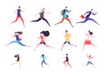 Running people. Flat man and woman, business persons and kids run. Flat vector runner jogging characters set