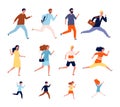 Running persons. Sport casual and business people in different costumes action poses jogging and jumping male female Royalty Free Stock Photo