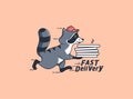 The Running raccoon with pizza box, with fast delivery text. Funny character, logotype, badge, sticker Royalty Free Stock Photo