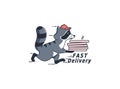 The Running raccoon with pizza box, fast delivery with text. Funny character, logotype Royalty Free Stock Photo