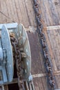 Running rig chain onboard on a offshore anchor handler vessel.e oil rig anchor line