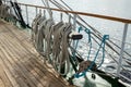Running rigging of a sailing ship against sea water