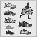 Running set. Silhouettes of running women, shoes, logos and labels.