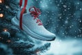 A running shoe hanging on a red ribbon in Christmas tree. Generative AI. Royalty Free Stock Photo