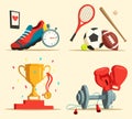 Running shoes and baseball bat, soccer, rugby ball Royalty Free Stock Photo