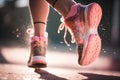 Running shoes. Close up of female legs running in the park. Royalty Free Stock Photo