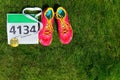 Running shoes, marathon race bib (number) and finisher medal on grass background, Royalty Free Stock Photo