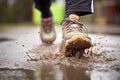 running shoes midstride in a muddy puddle, water spray visible Royalty Free Stock Photo