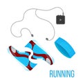 Running shoes, music player and head band icon on the white background. Sports equipment illustration set Royalty Free Stock Photo