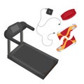 Running shoes, music player, head band and treadmill icon on the white background. Sports equipment Royalty Free Stock Photo