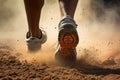 Running shoes on sand. Close up of male athlete feet running on sand track, Rear view closeup sport shoe of racer in running on Royalty Free Stock Photo