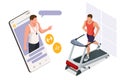 Running simulator. Isometric training online, man in sportswear running on a treadmill. Fitness and Health icons