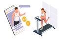 Running simulator. Isometric training online, woman in sportswear running on a treadmill. Fitness and Health icons