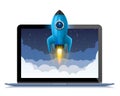 Running a space rocket from a computer, Splash creative idea, Rocket background, Vector illustration