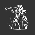 Running Spartan, Roman or Trojan gladiator ancient Greek warrior with spear Corinthian helmet and shield vector illustration