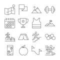 Running sport race map flag mountains trophy apple barbell line icons set design Royalty Free Stock Photo