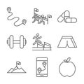 Running sport race track flag finish apple barbell medicine line icons set design Royalty Free Stock Photo